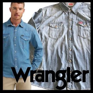 Wrangler Faded Blue Cotton Denim Iconic Western Snap Shirt (XL)